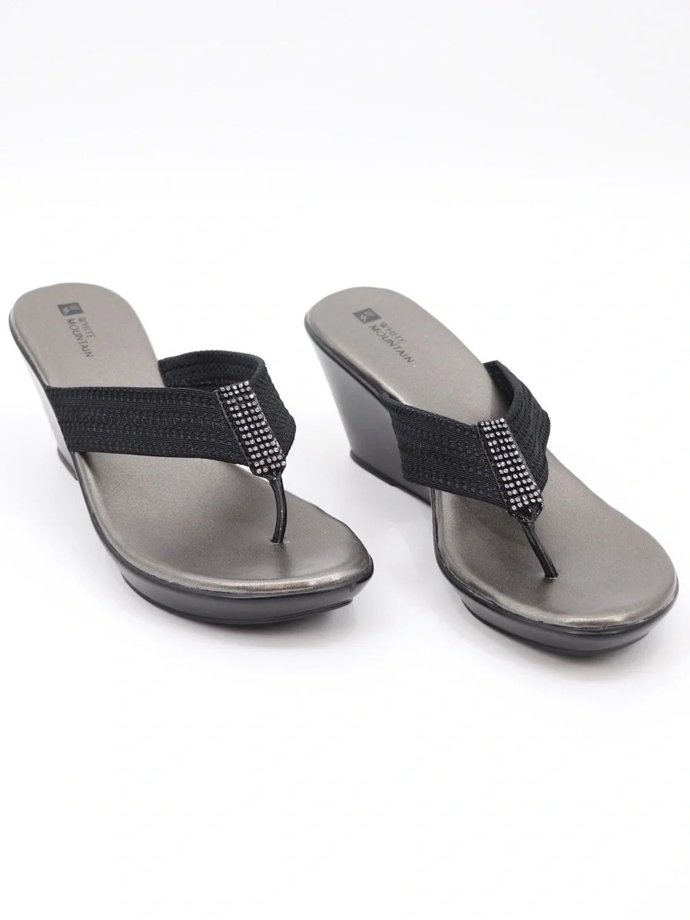 White Mountain Women’s 9 Black Rhinestone Wedge Thong Sandal